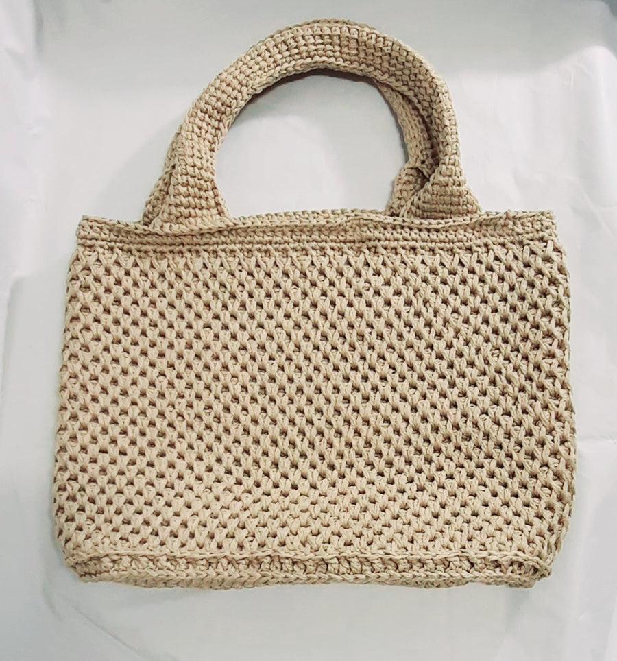 Beige Crochet Shopping Tote, upright crocheted shopping bag