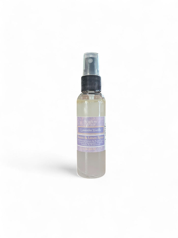 Lavender Vanilla Room & Linen Spray — labeled spray bottle