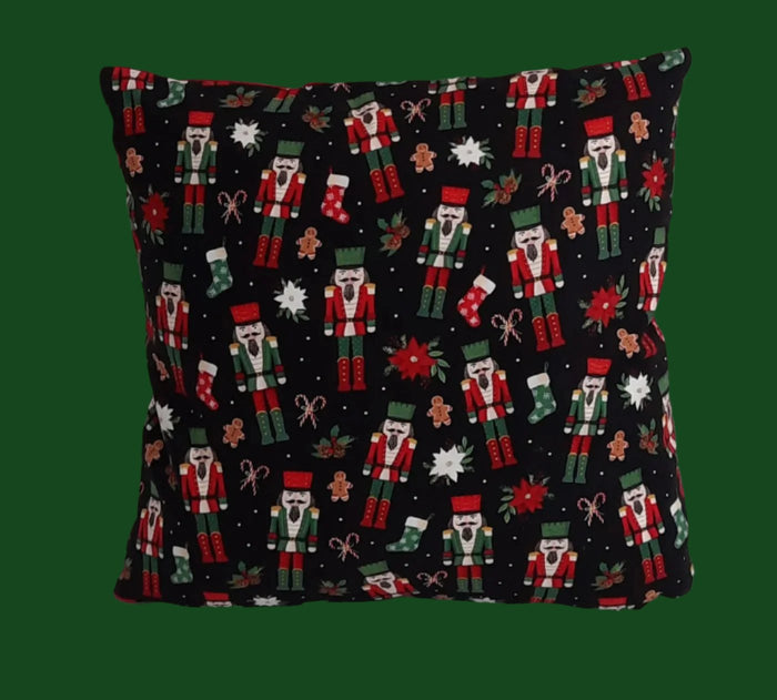 Nutcracker with Red Back Pillow Cover, filled cover showing the patterned front