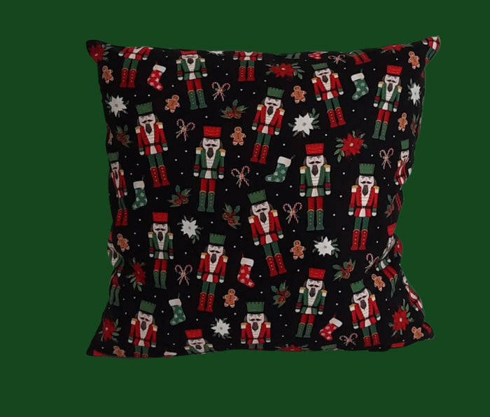Nutcracker with Green Back Pillow Cover, filled cover showing the patterned front