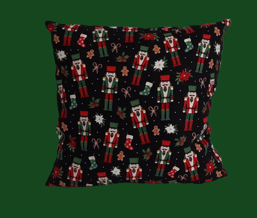 Nutcracker with Green Back Pillow Cover, filled cover showing the patterned front