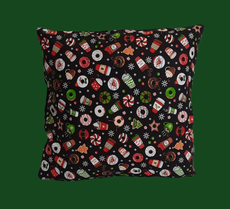 Holiday Coffee & Donuts Pillow Cover, filled cover showing the patterned front