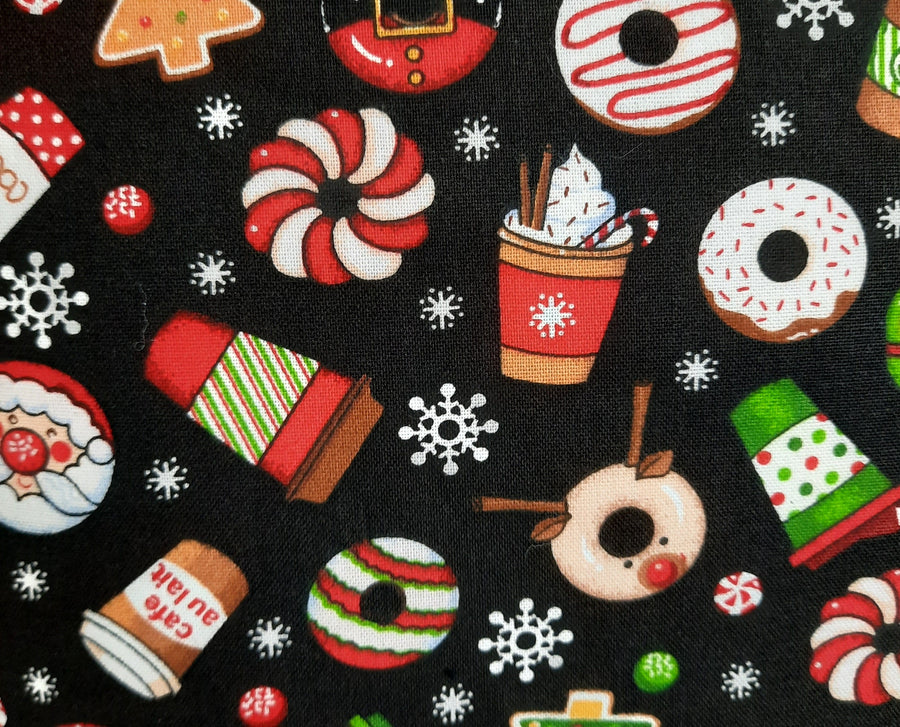 Holiday Coffee & Donuts Pillow Cover, close-up of the fabric design
