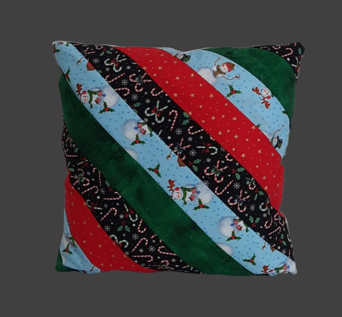 Snowman & Candy Cane Pillow Cover, filled cover showing the patterned front