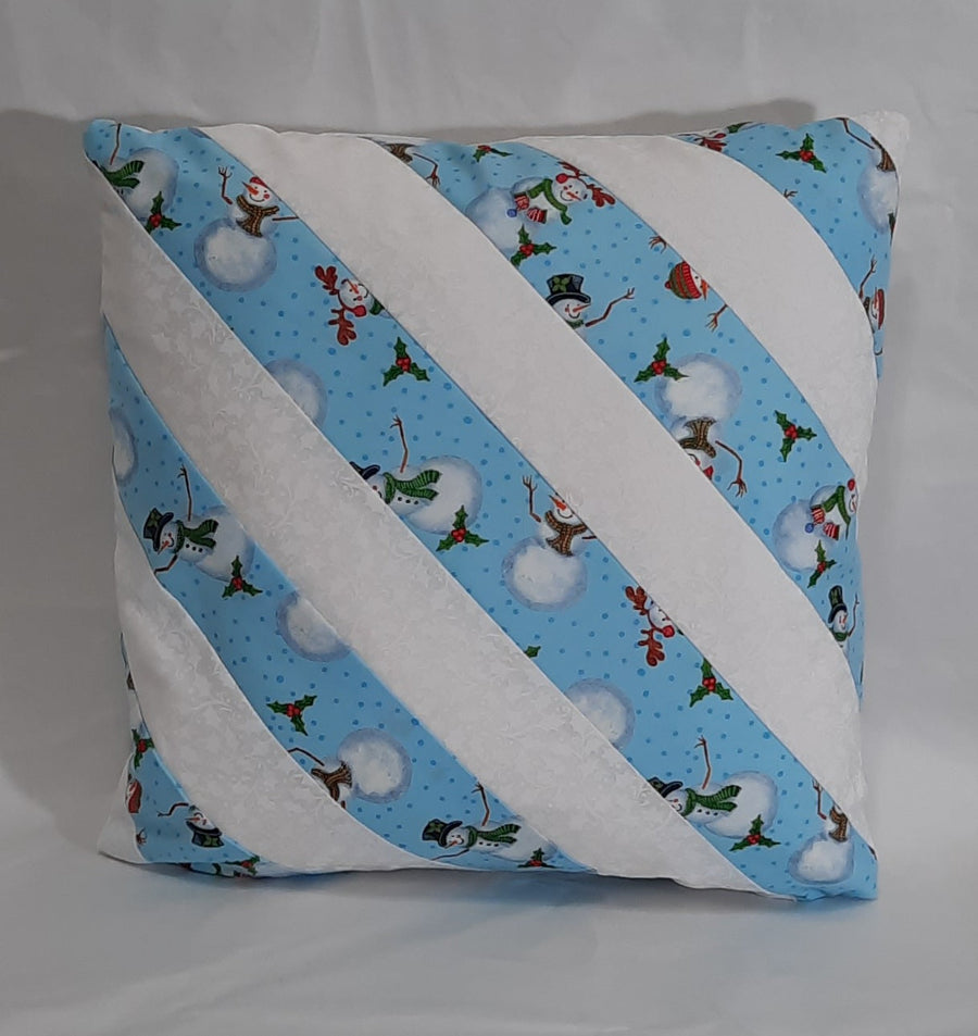 Snowman & White Stripe Pillow Cover, filled cover showing the patterned front