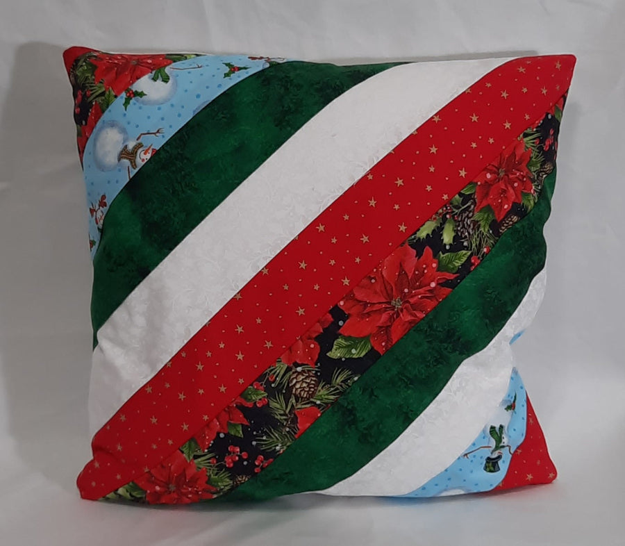 Snowman & Poinsettia Patchwork Pillow Cover, filled cover showing the patterned front