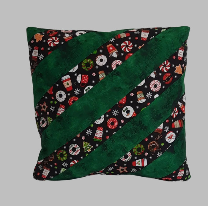 Coffee & Donuts Green Stripe Pillow Cover, filled cover showing the patterned front