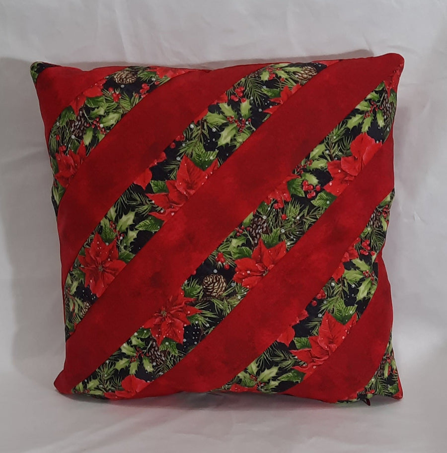 Red Stripe Poinsettia Pillow Cover, filled cover showing the patterned front