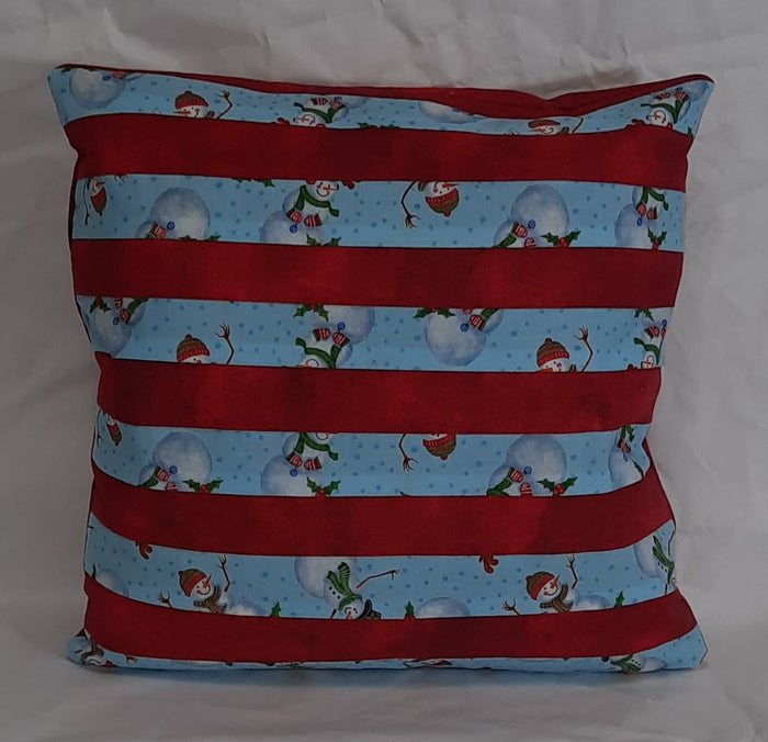 Snowman & Red Stripe Pillow Cover, filled cover showing the patterned front