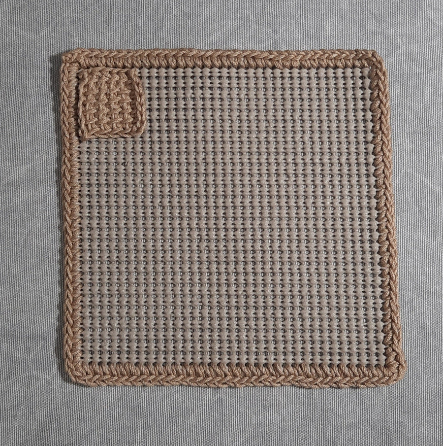 Beige & Tan Square Trim Magnetic Jar Gripper, flat textured panel with crocheted edge