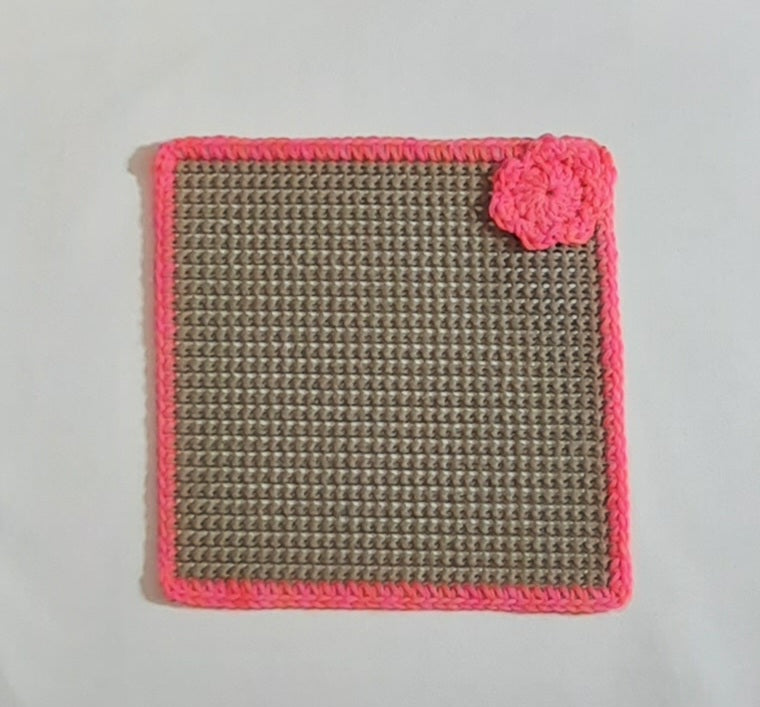 Beige & Bright Pink Magnetic Jar Gripper, flat textured panel with crocheted edge