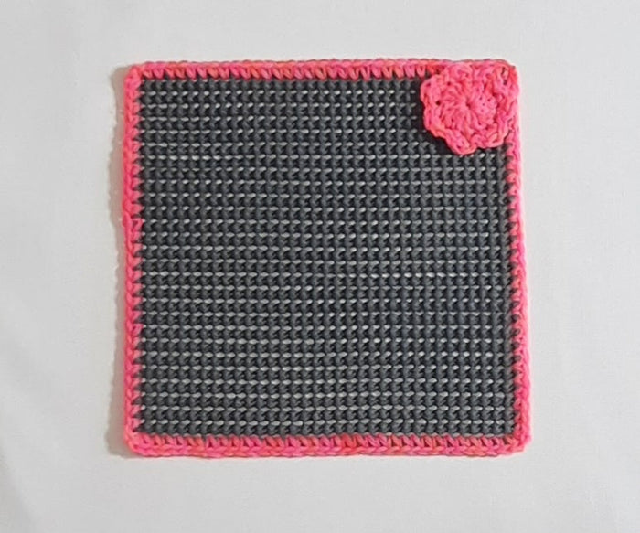 Grey & Bright Pink Magnetic Jar Gripper, flat textured panel with crocheted edge