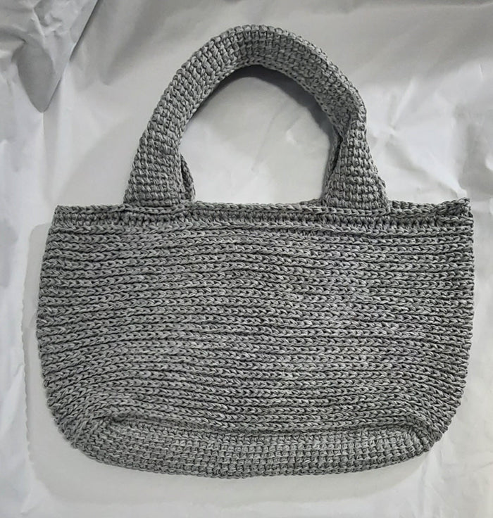 Light Grey Crochet Shopping Tote, upright crocheted shopping bag