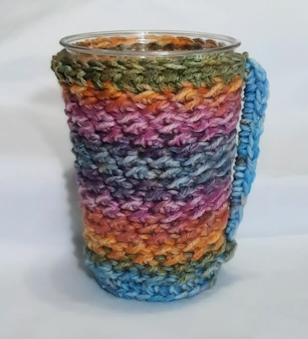 Rainbow Crochet Cup Cozy, crocheted cozy around a display cup
