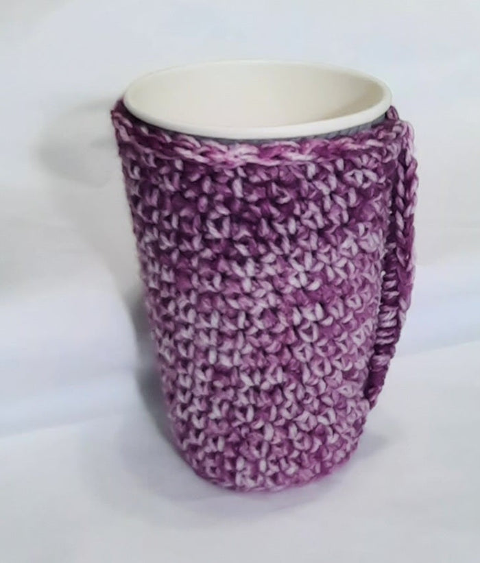 Purple Crochet Cup Cozy, crocheted cozy around a display cup