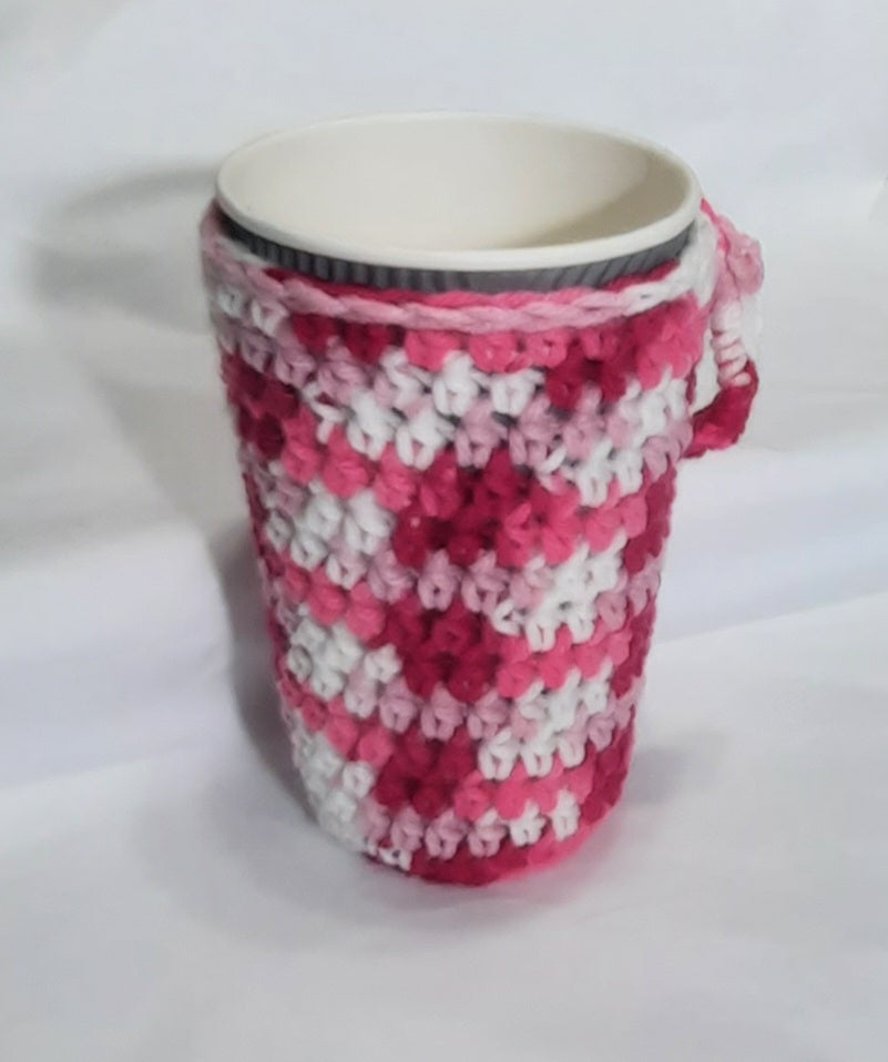 Pink & White Crochet Cup Cozy, crocheted cozy around a display cup