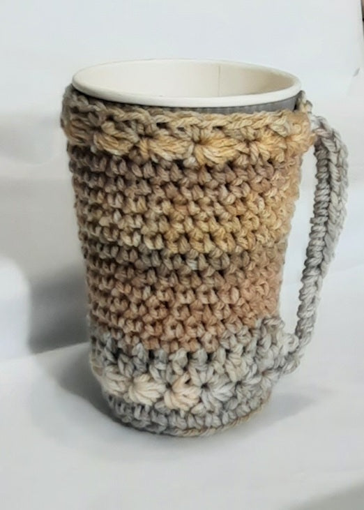 Brown & Grey Crochet Cup Cozy, crocheted cozy around a display cup