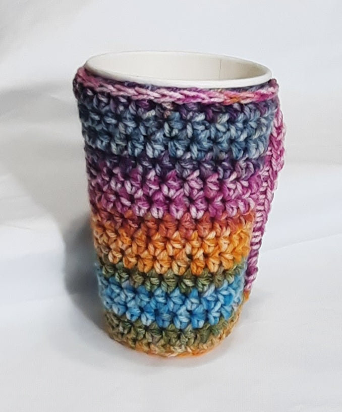 Rainbow Crochet Cup Cozy, crocheted cozy around a display cup