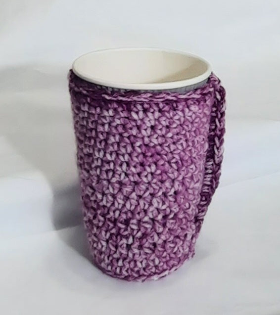Purple Gradient Crochet Cup Cozy, crocheted cozy around a display cup