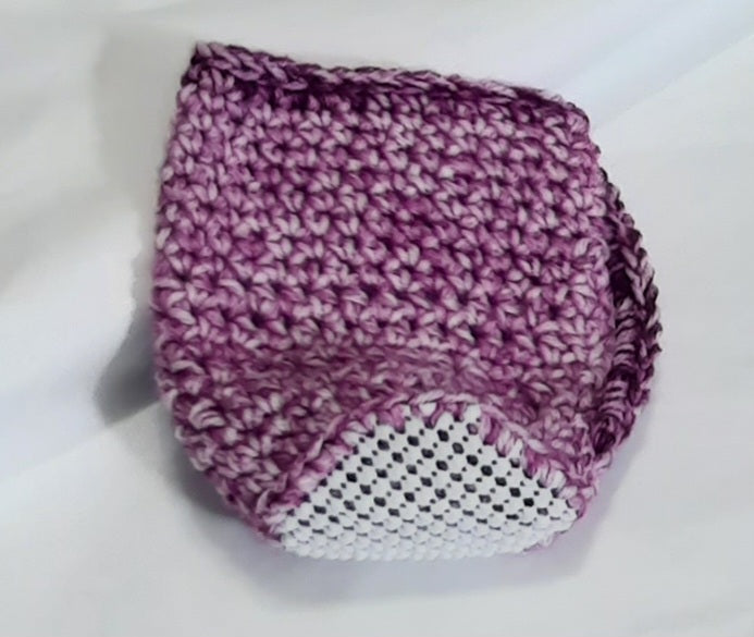 Purple Gradient Crochet Cup Cozy, angled view showing the underside and base
