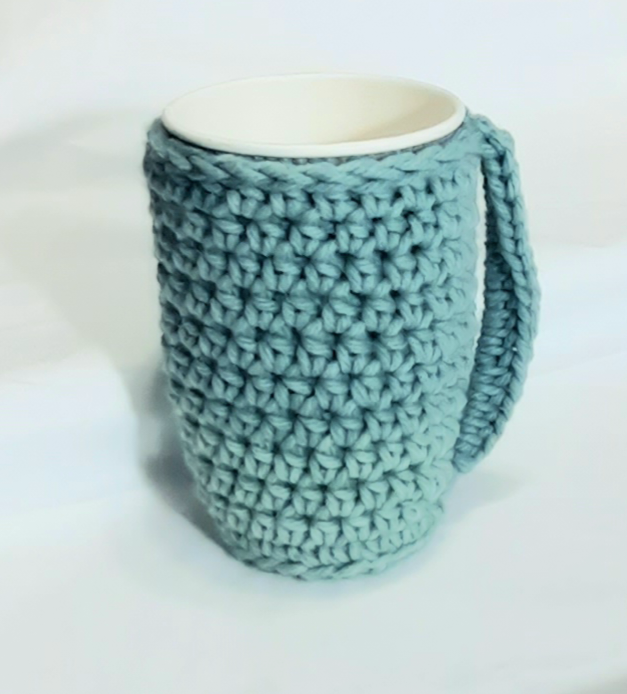 Mint Green Crochet Cup Cozy, crocheted cozy around a display cup