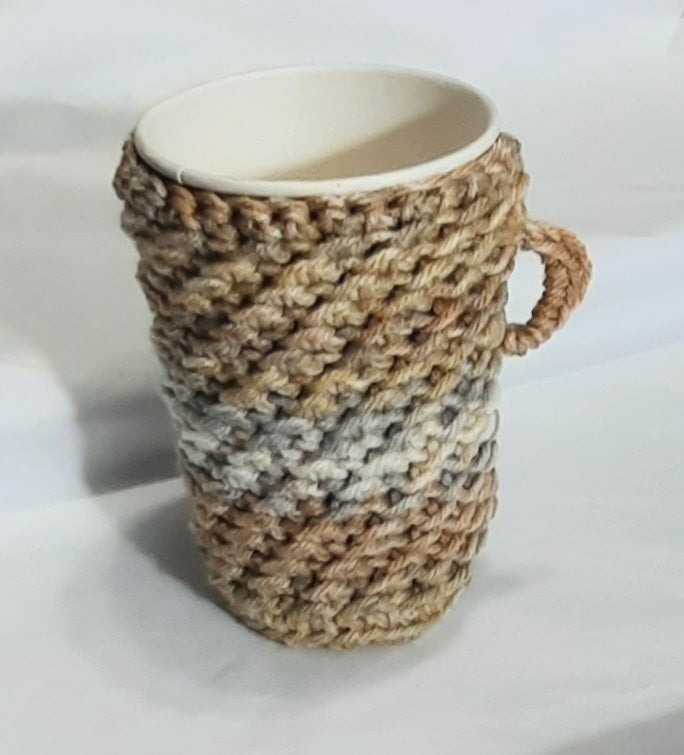 Brown Beige & Grey Crochet Cup Cozy, crocheted cozy around a display cup