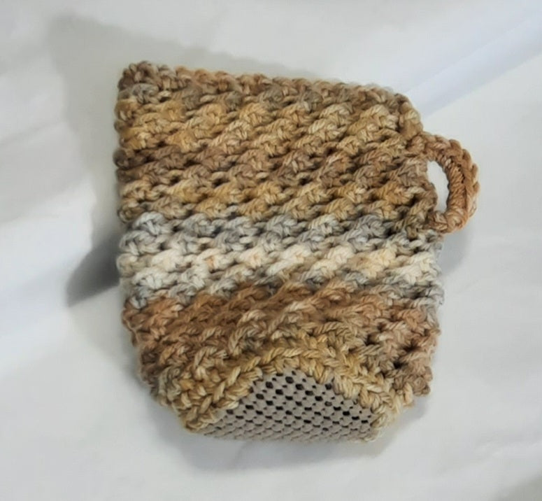 Brown Beige & Grey Crochet Cup Cozy, angled view showing the underside and base