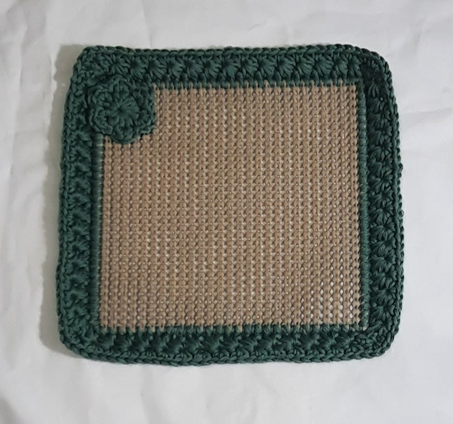 Green & Brown Magnetic Jar Gripper, flat textured panel with crocheted edge