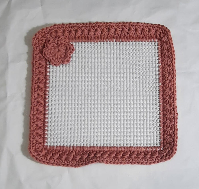 Rose & White Magnetic Jar Gripper, flat textured panel with crocheted edge