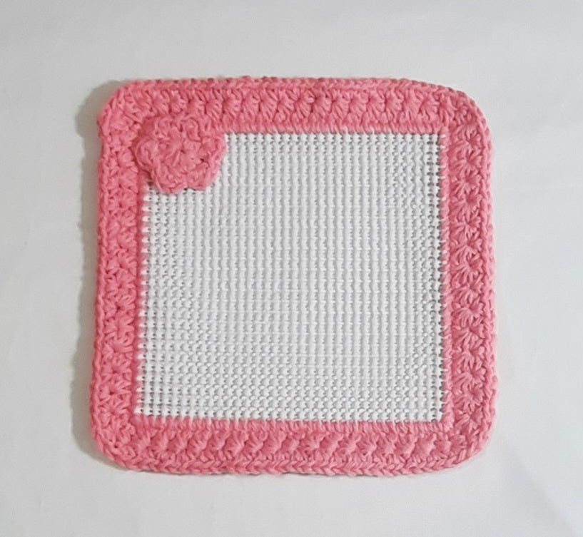 Pink & White Magnetic Jar Gripper, flat textured panel with crocheted edge