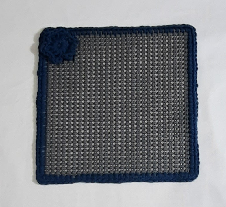 Blue & Grey Magnetic Jar Gripper, flat textured panel with crocheted edge