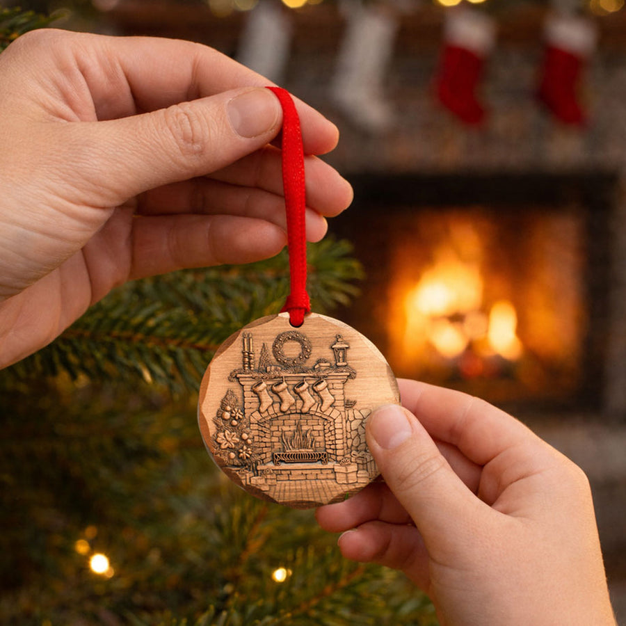 Styled display featuring 2026 Annual Ornament- Cozy Christmas Hearth