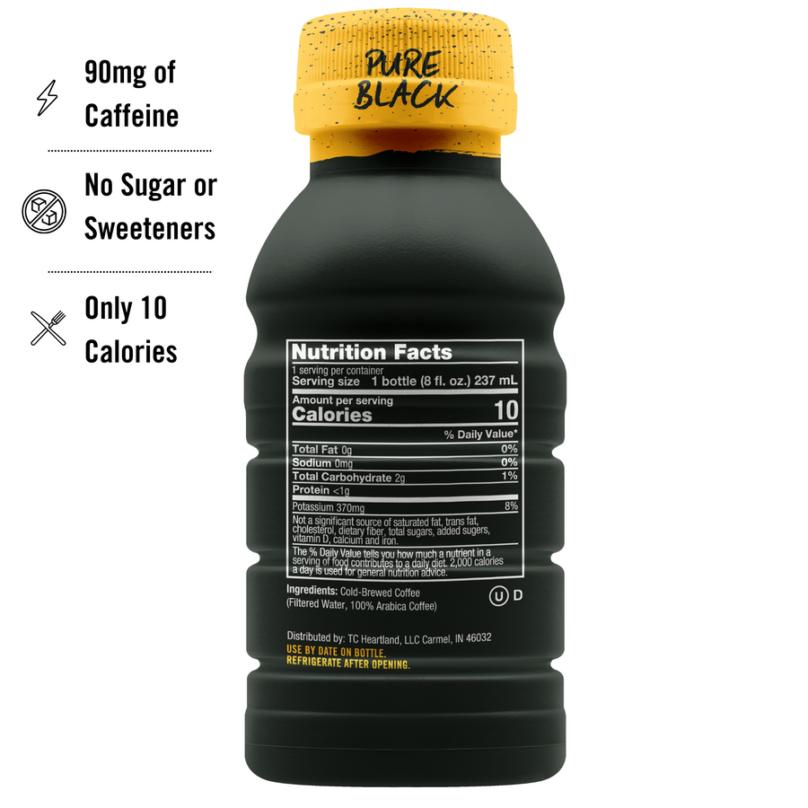 Pure Black bottle back with nutrition and caffeine graphic