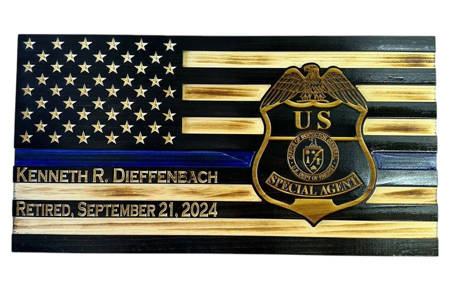 Personalized Thin Blue Line Wooden Police Flag with Engraved Badge — product photo 11