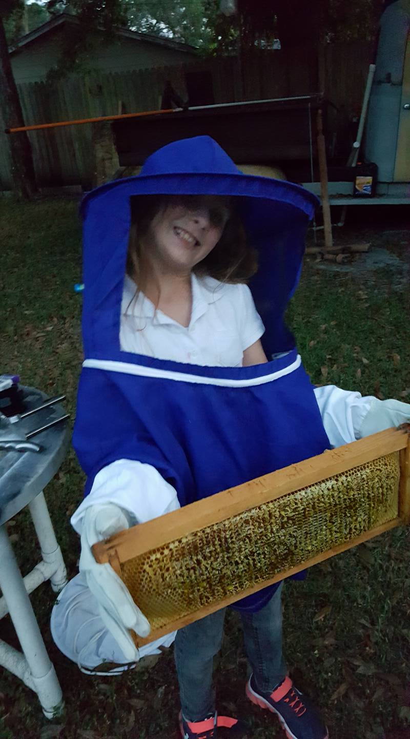 Person in protective beekeeping clothing holding a frame