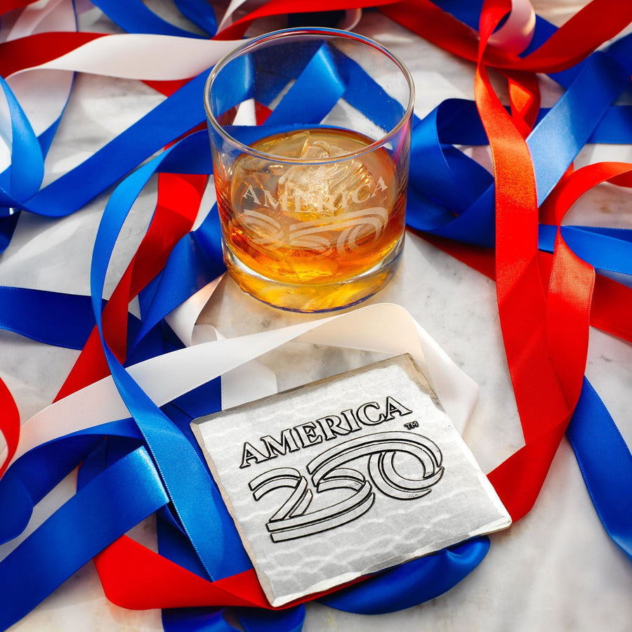 Styled display featuring America250 Rocks Glass with Coaster Gift Set