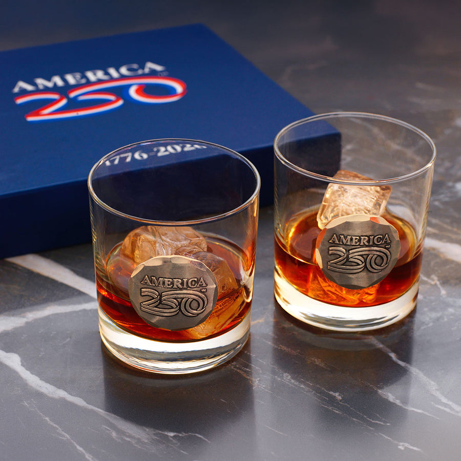 Styled display featuring America250 2-Piece Rocks Glass Gift Set