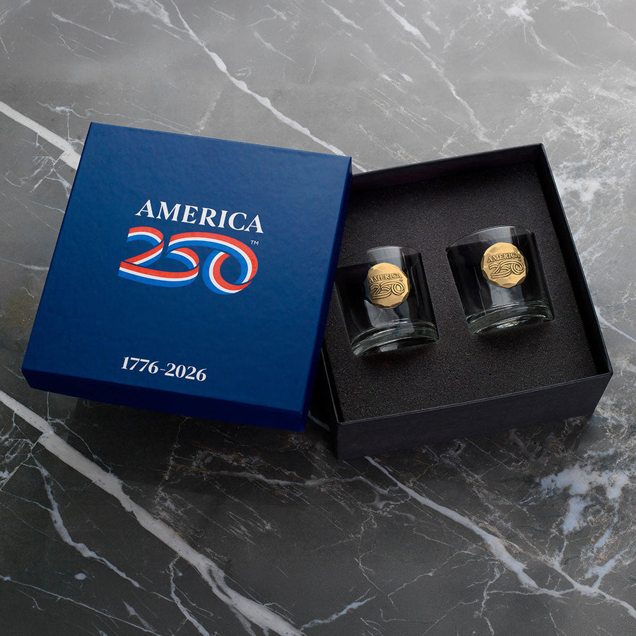 Gift packaging display for America250 2-Piece Rocks Glass Gift Set