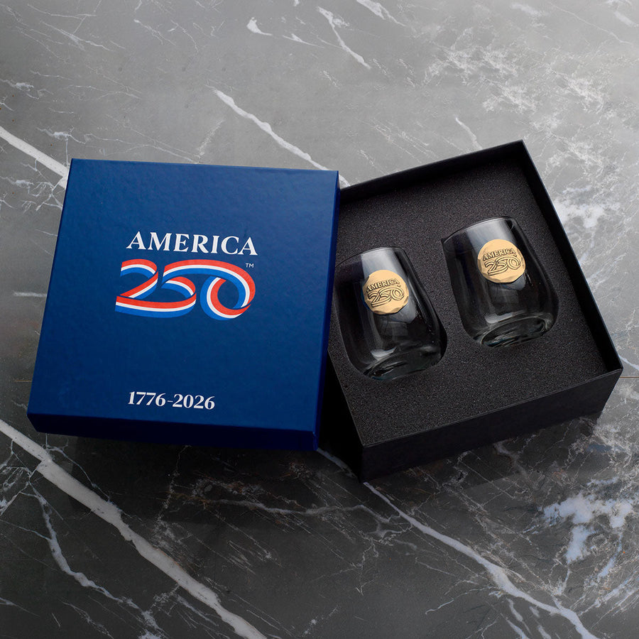 Gift packaging display for America250 2-Piece Wine Glass Gift Set