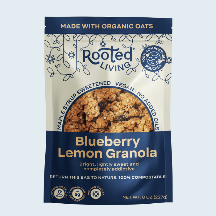 Rooted Living Blueberry Lemon Granola front pouch, net weight 8 oz (227 g)