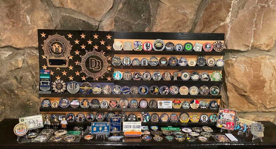 Personalized Wooden American Flag Challenge Coin Display