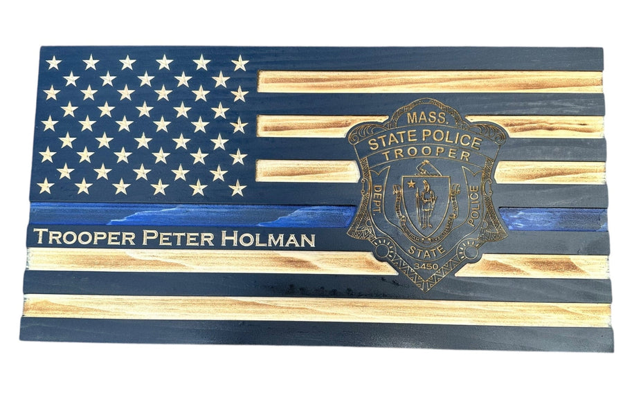 Personalized Thin Blue Line Wooden Police Flag with Engraved Badge — product photo 17