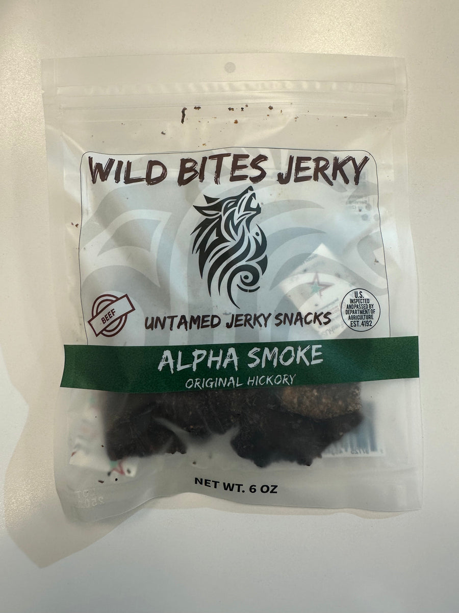 Alpha Smoke beef jerky, front of the resealable 6 oz pouch