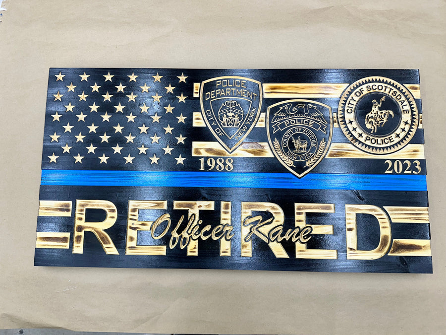 Personalized Retirement Wooden American Flag with Engraved Badge — product photo 15