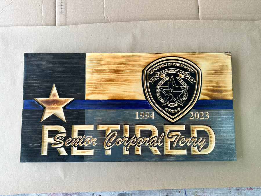 Personalized Retirement Wooden American Flag with Engraved Badge — product photo 16