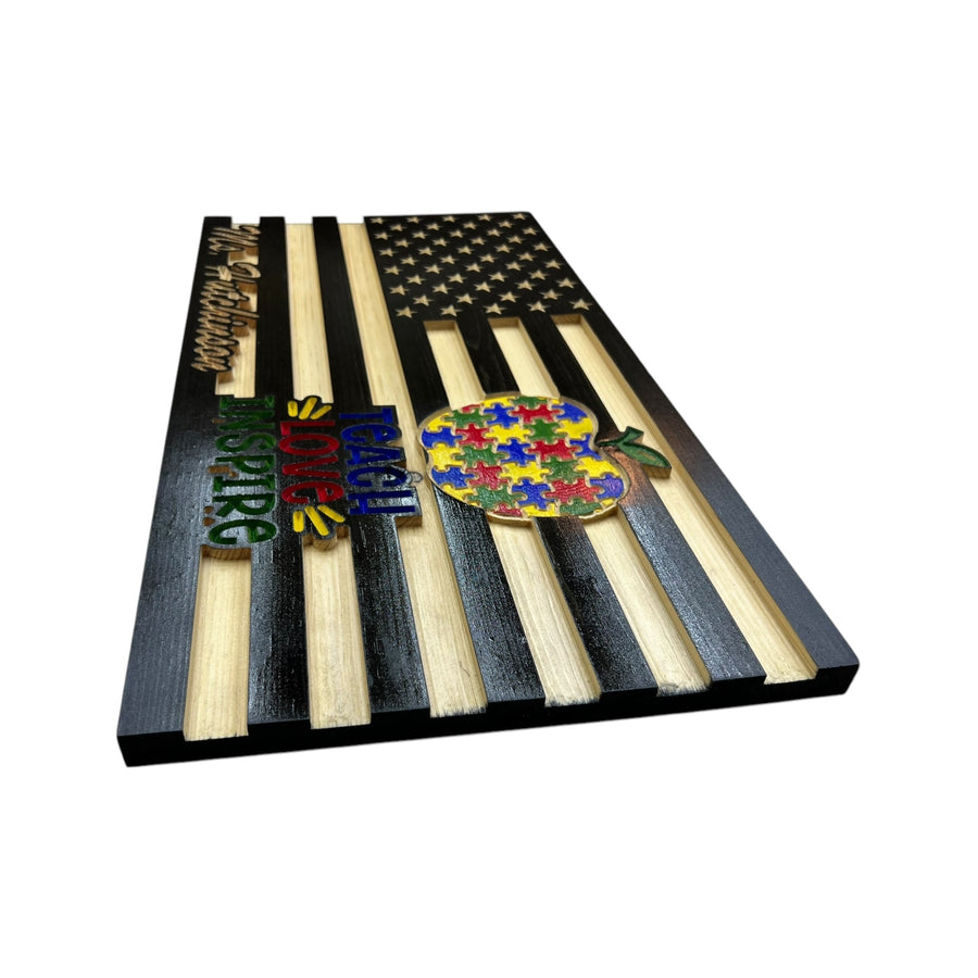 Personalized teacher wooden American flag with custom name and Teach Love Inspire design