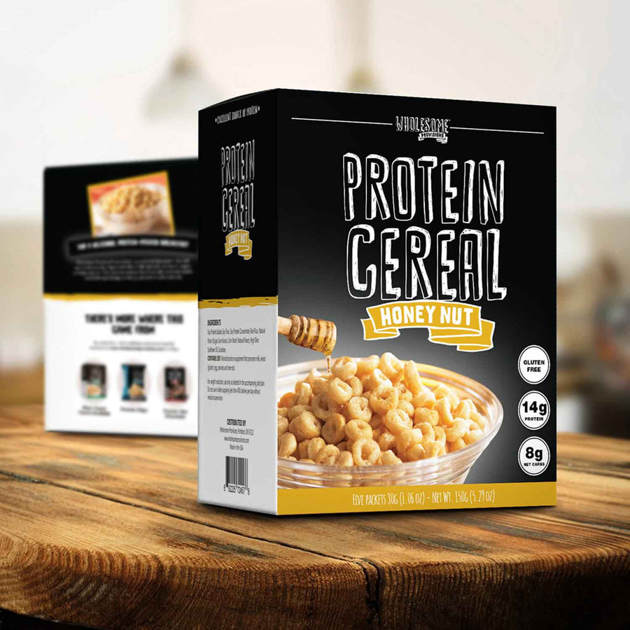 Honey Nut Protein Cereal: cereal box on a wooden table.
