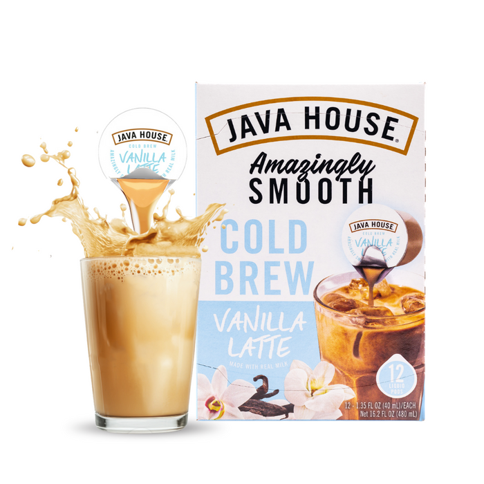French Vanilla latte pod carton and lid beside an iced latte