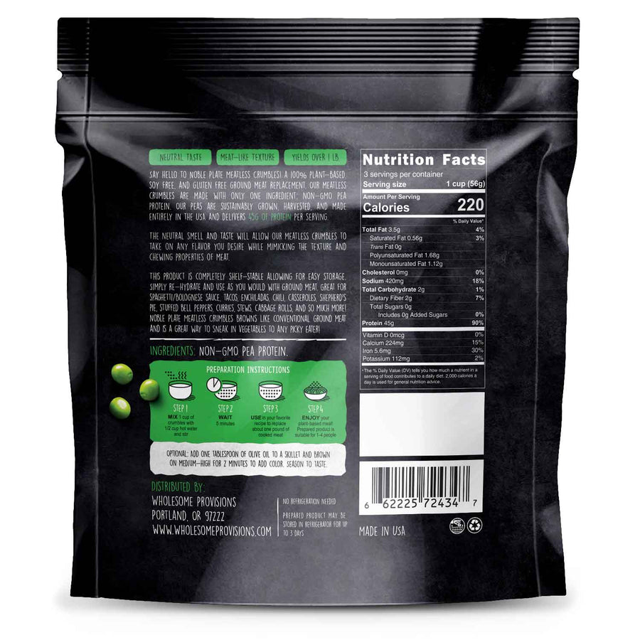 Noble Plate Pea Protein Meatless Crumbles: pouch back with preparation and nutrition.