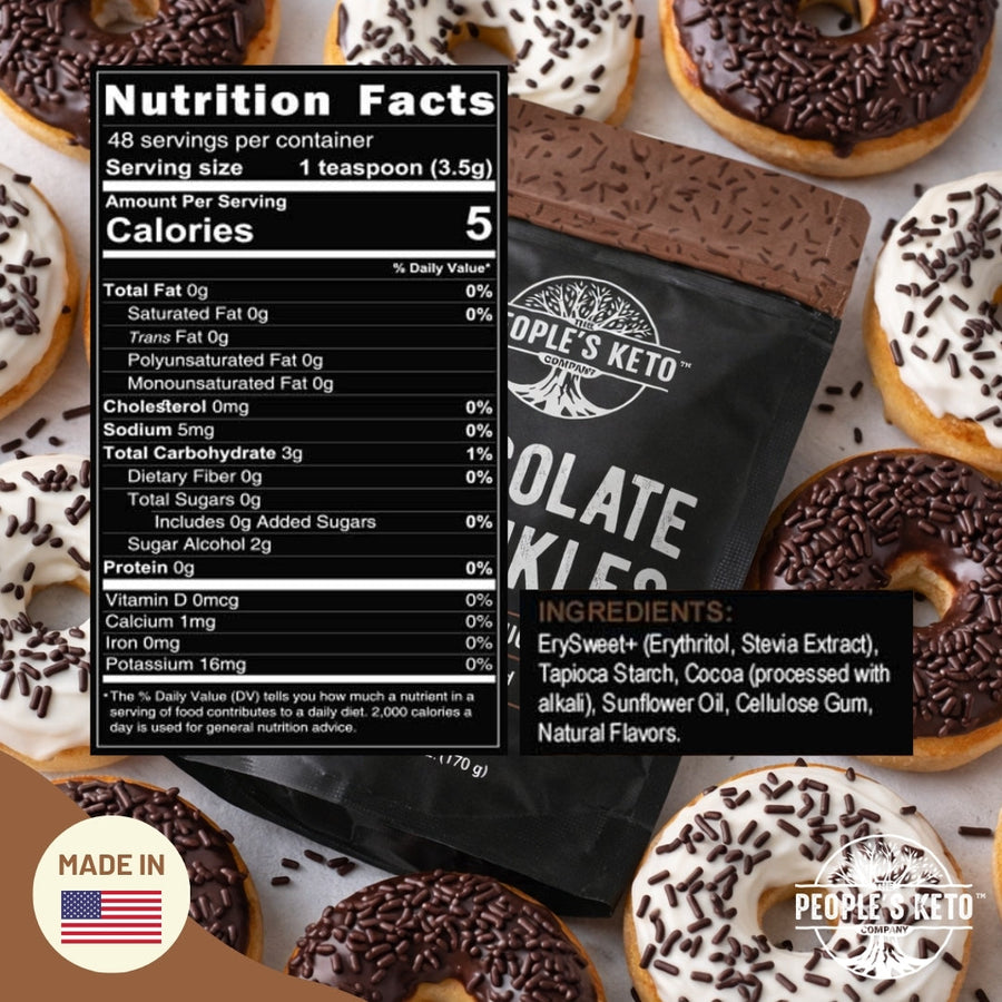 Chocolate Keto Sprinkles: Nutrition Facts and ingredient graphic.